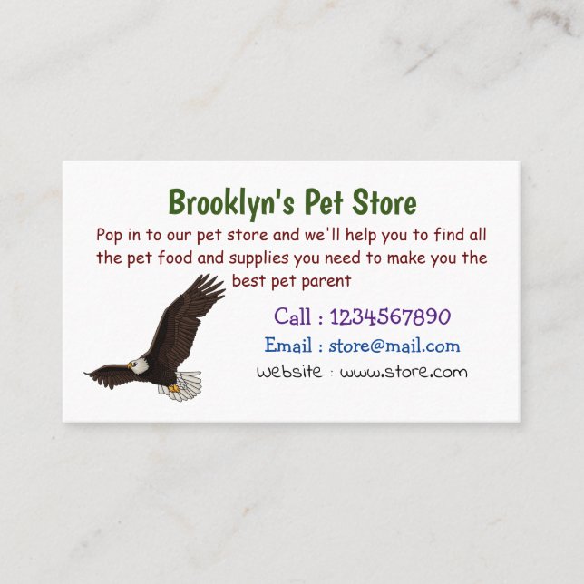 Happy flying bald eagle cartoon business card (Front)