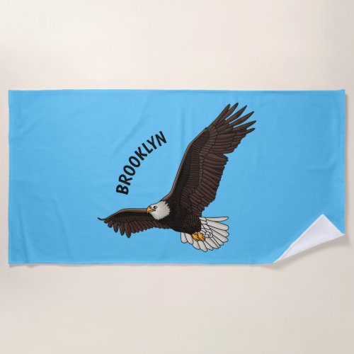 Happy flying bald eagle cartoon illustration  beach towel