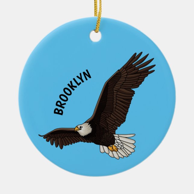 Happy flying bald eagle cartoon illustration  ceramic ornament (Front)