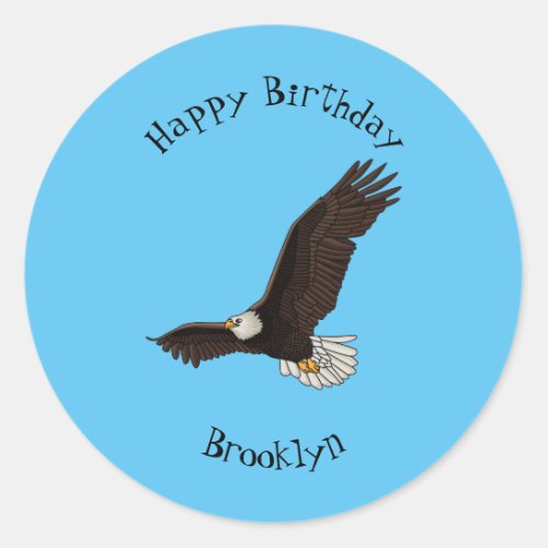 Happy flying bald eagle cartoon illustration classic round sticker