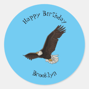 Happy flying bald eagle cartoon illustration classic round sticker