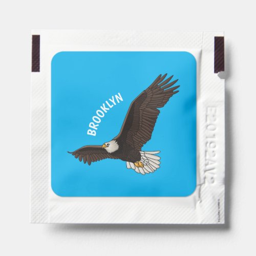 Happy flying bald eagle cartoon illustration hand sanitizer packet