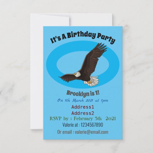 Happy flying bald eagle cartoon illustration invitation