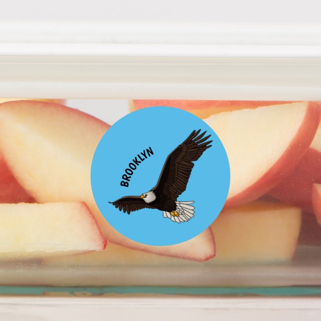 Happy flying bald eagle cartoon illustration labels (Affixed)