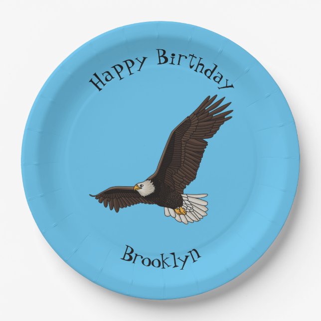 Happy flying bald eagle cartoon illustration paper plates (Front)