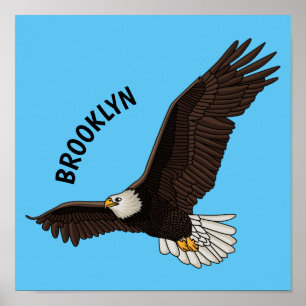 Happy flying bald eagle cartoon illustration poster