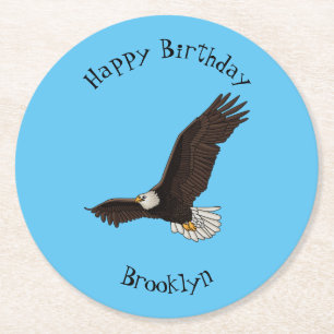 Happy flying bald eagle cartoon illustration round paper coaster