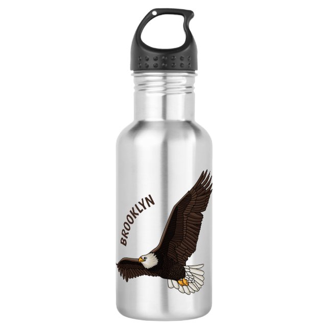 Happy flying bald eagle cartoon illustration stainless steel water bottle (Front)