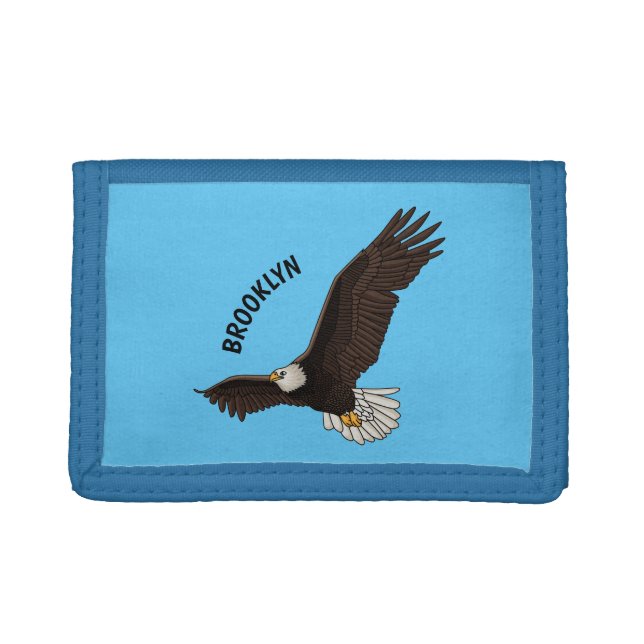 Happy flying bald eagle cartoon illustration  trifold wallet (Front)