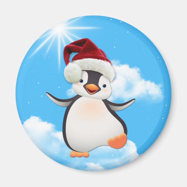 Happy Flying Penguin wearing a Santa-hat Magnet (Front)