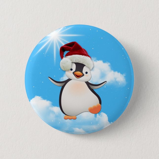 Happy Flying Penguins & Santa-hat Button (Front)