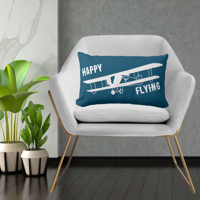 Happy Flying Typography & Airplane, Blue,Simple Lumbar Pillow (Creator Uploaded)