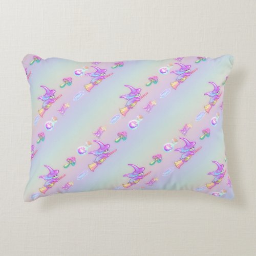 Happy Flying Witch Bright Pastel Rainbow Pattern Accent Pillow