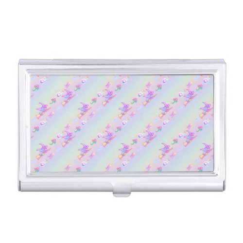 Happy Flying Witch Bright Pastel Rainbow Pattern Business Card Case