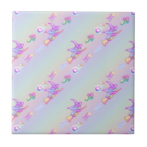 Happy Flying Witch Bright Pastel Rainbow Pattern Ceramic Tile