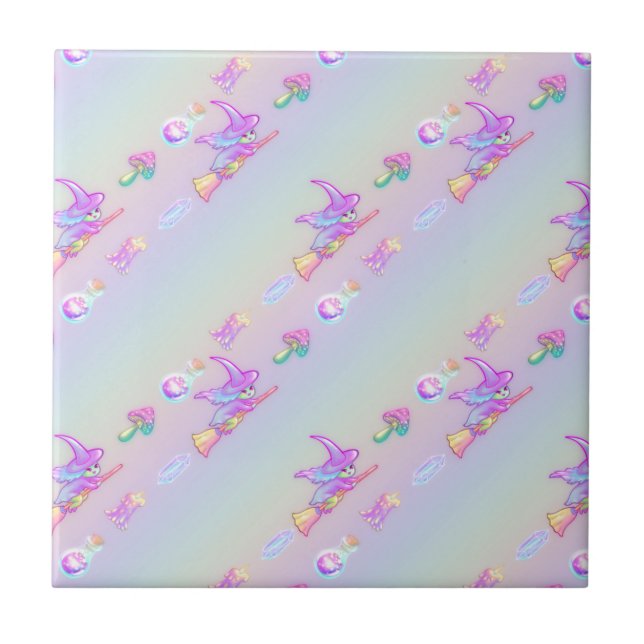 Happy Flying Witch Bright Pastel Rainbow Pattern Ceramic Tile (Front)