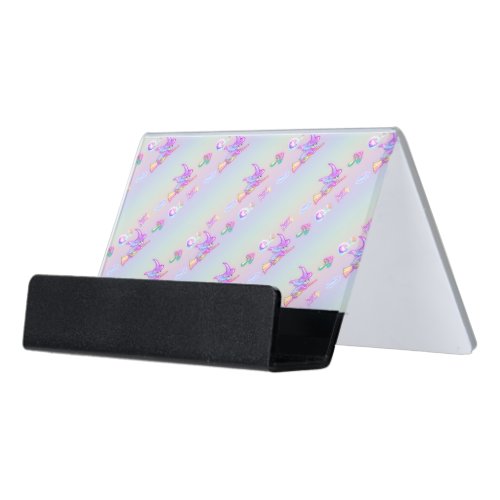 Happy Flying Witch Bright Pastel Rainbow Pattern Desk Business Card Holder
