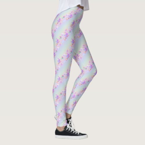 Happy Flying Witch Bright Pastel Rainbow Pattern Leggings