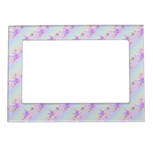 Happy Flying Witch Bright Pastel Rainbow Pattern Magnetic Frame