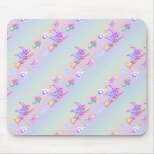 Happy Flying Witch Bright Pastel Rainbow Pattern Mouse Pad