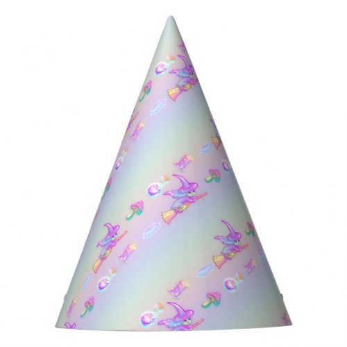 Happy Flying Witch Bright Pastel Rainbow Pattern Party Hat