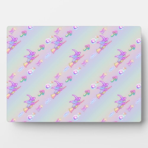 Happy Flying Witch Bright Pastel Rainbow Pattern Plaque