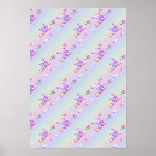 Happy Flying Witch Bright Pastel Rainbow Pattern Poster