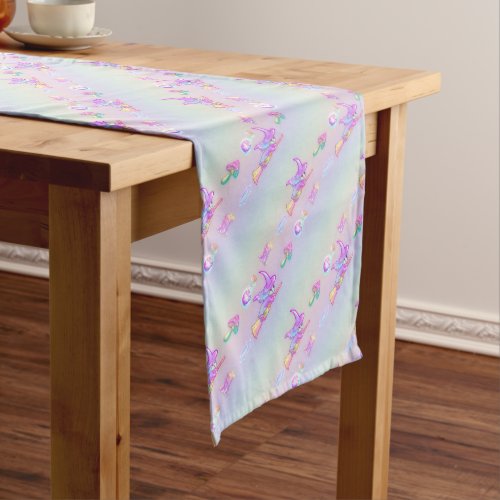 Happy Flying Witch Bright Pastel Rainbow Pattern Short Table Runner
