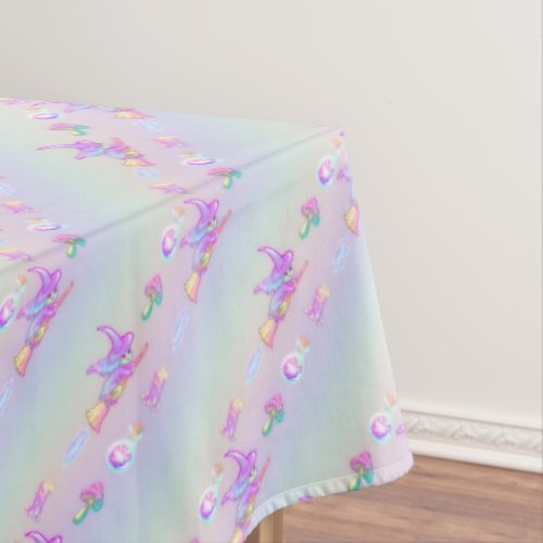 Happy Flying Witch Bright Pastel Rainbow Pattern Tablecloth