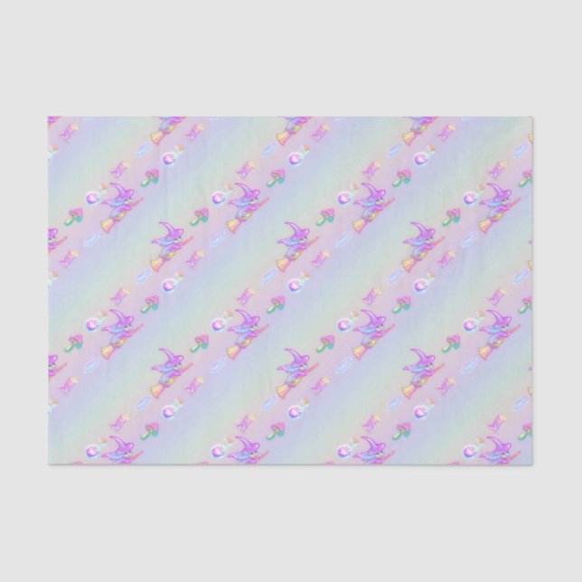Happy Flying Witch Bright Pastel Rainbow Pattern Tissue Paper (Front)