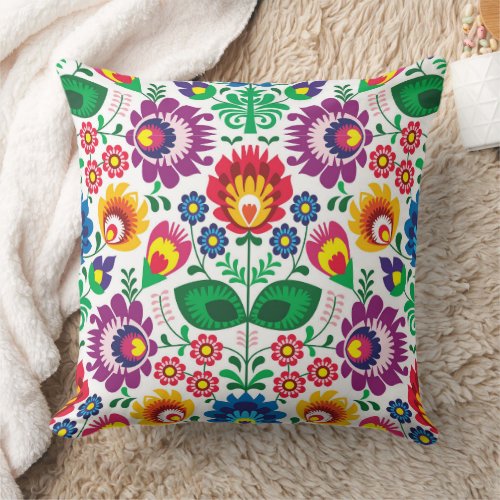 Happy Folk Art Flowers Throw Pillow