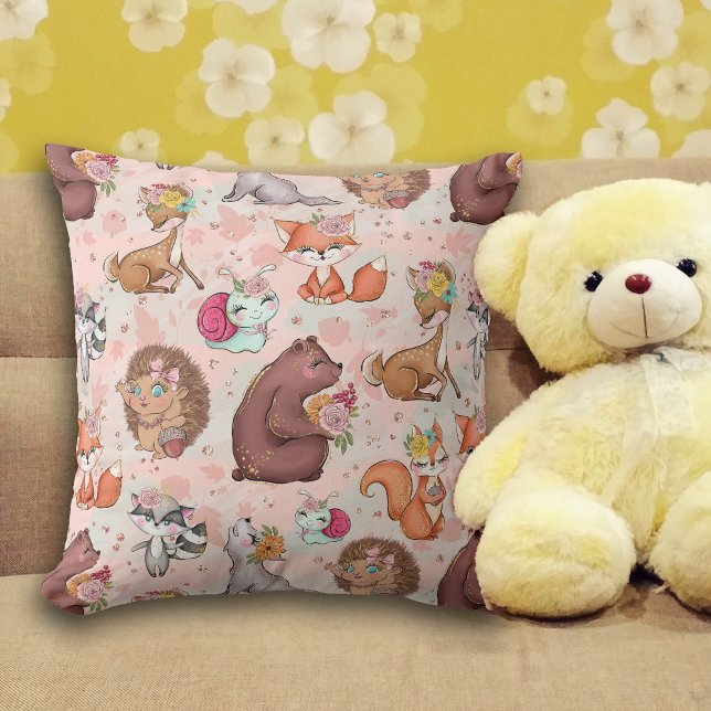 Happy Forest Friends Woodland Animals Pattern Throw Pillow (Creator Uploaded)