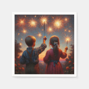 Happy Fourth Children with Sparklers Personalized Napkins