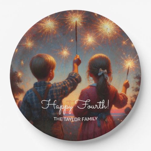 Happy Fourth Children with Sparklers Personalized Paper Plates