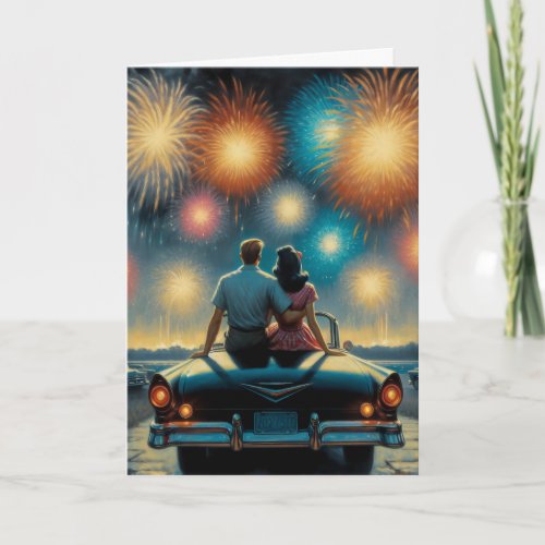Happy Fourth of July  1950s Couple Fireworks Card