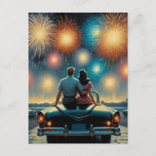 Happy Fourth of July 1950's Couple Fireworks Postcard