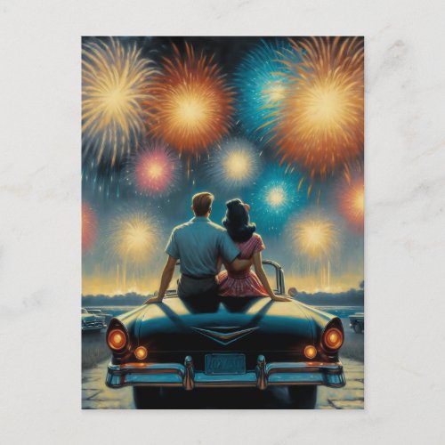 Happy Fourth of July  1950s Couple Fireworks Postcard