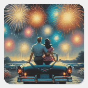 Happy Fourth of July 1950's Couple Fireworks Square Sticker