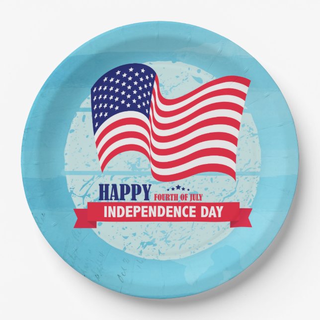 Happy Fourth of July American Flag Illustration Paper Plates (Front)