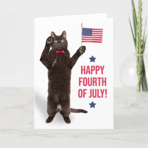 Happy Fourth of July Cite Cat Holding Flag Holiday Card