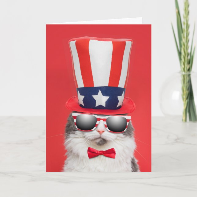 Happy Fourth of July Cool Patriotic Cat Humor Holiday Card (Front)