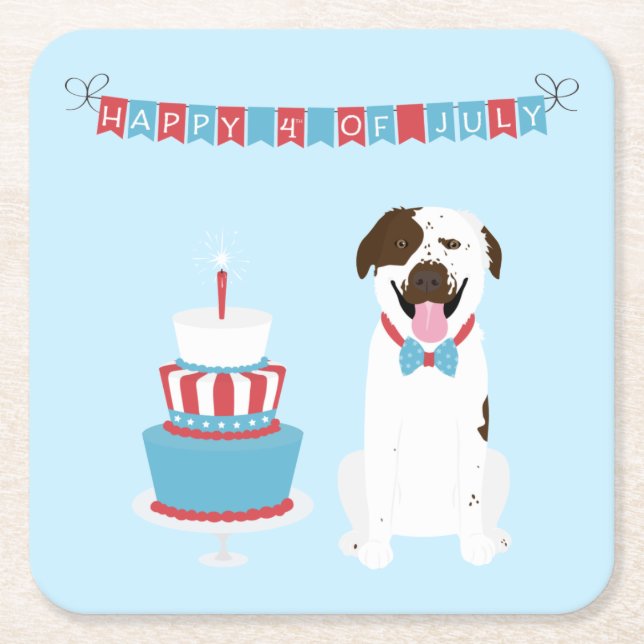 Happy Fourth of July Dog Red White Blue Square Paper Coaster (Front)