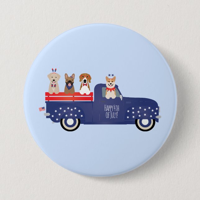 Happy Fourth Of July Dogs Pickup Truck Button (Front)