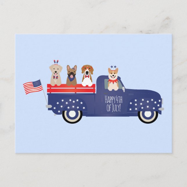 Happy Fourth Of July Dogs Pickup Truck Holiday Postcard (Front)