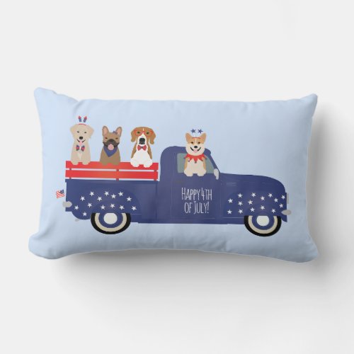 Happy Fourth Of July Dogs Pickup Truck Lumbar Pillow