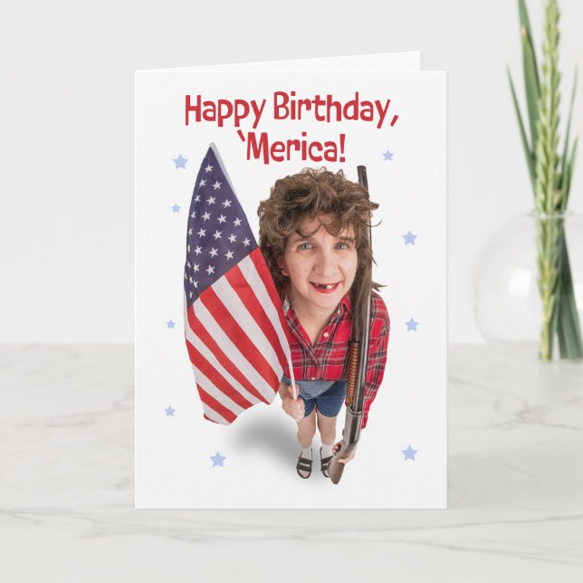 Happy Fourth of July Funny redneck Woman With Flag Holiday Card (Front)