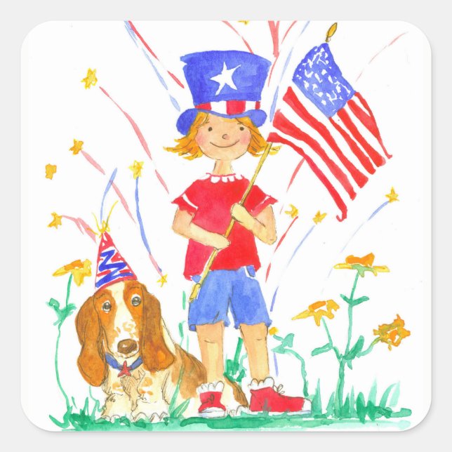 Happy Fourth of July Girl Hound Dog Square Sticker (Front)