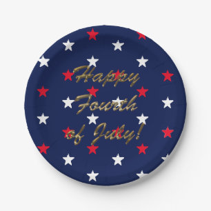Happy fourth of July gold script patriotic stars Paper Plates