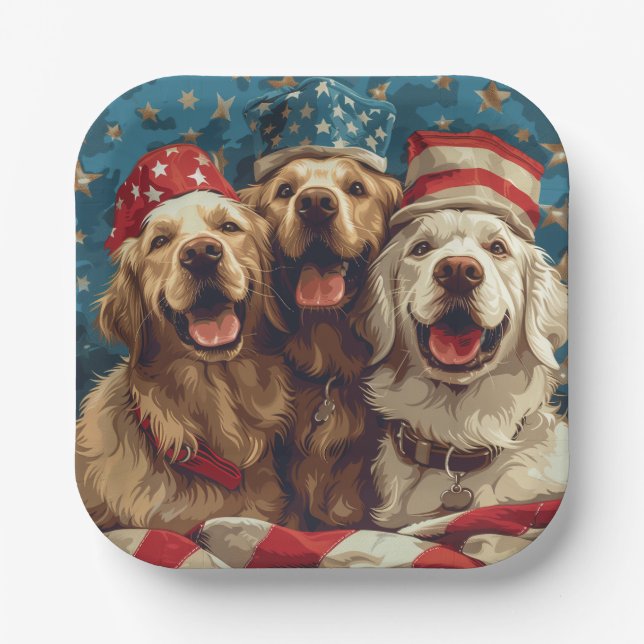 Happy Fourth Of July Golden Retriever Dogs Paper Plates (Front)