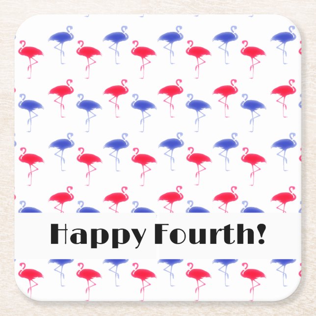 Happy Fourth of July Independence Day Flamingos Square Paper Coaster (Front)
